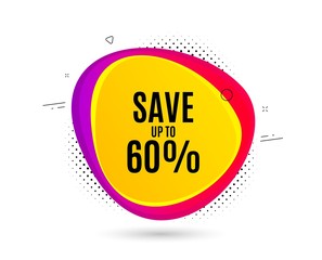 Save up to 60%. Banner text shape. Discount Sale offer price sign. Special offer symbol. Geometric vector banner. Discount text. Gradient shape badge. Halftone pattern. Vector