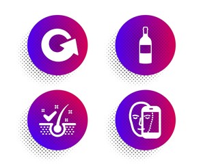 Reload, Anti-dandruff flakes and Wine bottle icons simple set. Halftone dots button. Face biometrics sign. Update, Healthy hair, Cabernet sauvignon. Facial recognition. Business set. Vector