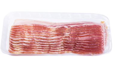 Vacuum packed bacon rashers isolated on white background.
