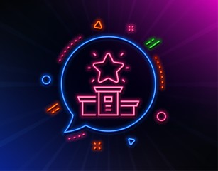 Winner podium line icon. Neon laser lights. First place sign. Best rank star symbol. Glow laser speech bubble. Neon lights chat bubble. Banner badge with winner podium icon. Vector