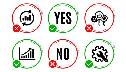 Like, Update data and Graph chart icons simple set. Yes no check box. Customisation sign. Social media likes, Sales chart, Growth report. Settings. Technology set. Like icon. Check mark. Vector