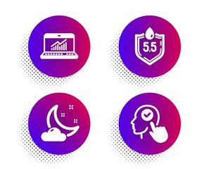 Night weather, Online statistics and Ph neutral icons simple set. Halftone dots button. Select user sign. Sleep, Computer data, Water. Head with checkbox. Science set. Vector