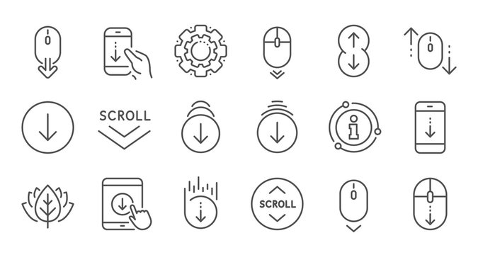 Scroll down line icons. Scrolling mouse, landing page swipe signs. Mobile device technology icons. Website scroll navigation. Phone scrolling. Linear set. Quality line set. Vector