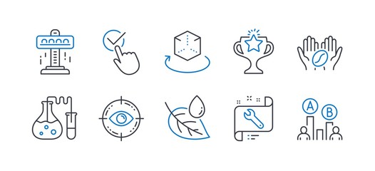 Set of Business icons, such as Eye target, Leaf dew, Attraction, Victory, Spanner, Chemistry lab, Coffee, Checkbox, Augmented reality, Ab testing line icons. Optometry, Water drop. Vector