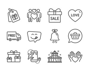 Set of Holidays icons, such as Bell, Coupons, Love, Surprise boxes, Free delivery, Hold heart, Shopping cart, Circus, Love couple, Flight destination, Sale offer, Yummy smile line icons. Vector