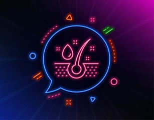 Serum oil drop line icon. Neon laser lights. Hair care sign. Glow laser speech bubble. Neon lights chat bubble. Banner badge with serum oil icon. Vector