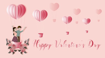 Happy valentine's day with lover with pink rose on heart shape balloon in paper  cut style - vector