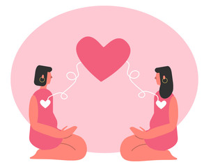 Cute soft pink vector illustration of two females in love on St Valentine Day with connected hearts. Lgbt queer lesbian women women in love