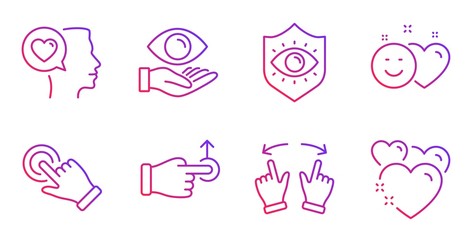 Eye protection, Move gesture and Touchscreen gesture line icons set. Romantic talk, Health eye and Smile signs. Drag drop, Heart symbols. Optometry, Swipe. People set. Vector