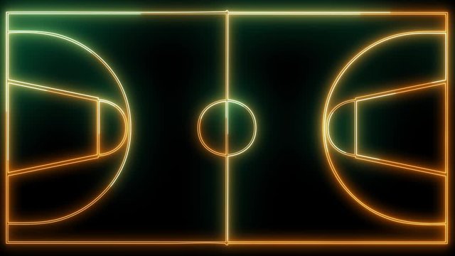 Neon, shiny glowing outline of Basketball court. Sport concept, area of basketball game, parquet with neon lights. 