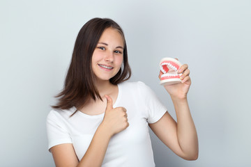 Young girl with dental braces holding teeth model and showing thumb up on grey background