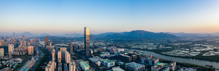 an aerial panorama of futian free trade zone and downtown districts of shenzhen china