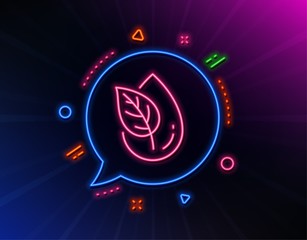 Organic product line icon. Neon laser lights. No artificial colors sign. Natural flavors symbol. Glow laser speech bubble. Neon lights chat bubble. Banner badge with organic product icon. Vector