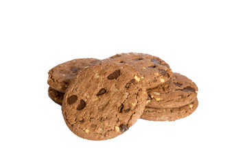Cookies. Lots of delicious freshly baked crunchy homemade chocolate chip cookies isolated on white with copy space.
