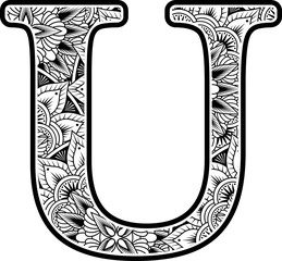 capital letter u with abstract flowers ornaments in black and white. design inspired from mandala art style for coloring. Isolated on white background © Sergio Hayashi