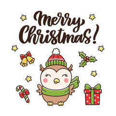 Fototapeta na wymiar Cute winter owl in a hat and scarf and inscription: Merry Christmas! It can be used for card, poster, t-shirt, mug and other design.