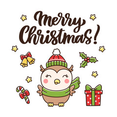 Cute winter owl in a hat and scarf and inscription: Merry Christmas! It can be used for card, poster, t-shirt, mug and other design.