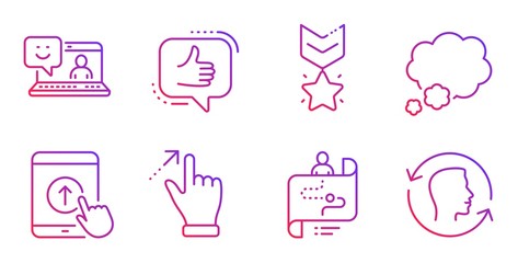 Winner medal, Smile and Talk bubble line icons set. Journey path, Swipe up and Touchscreen gesture signs. Like, Face id symbols. Ranking star, Laptop feedback. Technology set. Vector