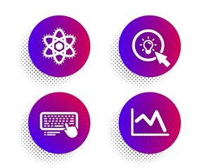 Energy, Computer keyboard and Chemistry atom icons simple set. Halftone dots button. Line chart sign. Turn on the light, Pc device, Laboratory molecule. Financial graph. Science set. Vector