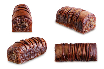 Chocolate nuts baklava, Oriental sweetness on a white isolated background