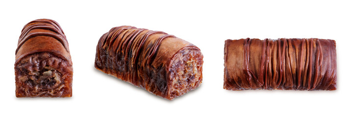 Chocolate nuts baklava, Oriental sweetness on a white isolated background