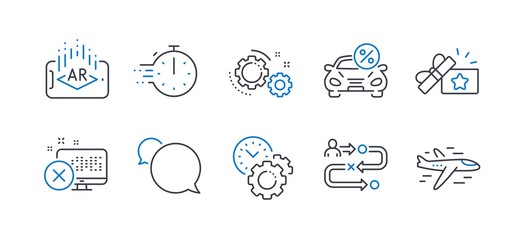 Set of Technology icons, such as Time management, Car leasing, Gears, Loyalty gift, Cooking timer, Reject access, Augmented reality, Journey path, Messenger, Airplane line icons. Vector