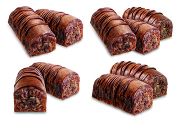Chocolate nuts baklava, Oriental sweetness on a white isolated background