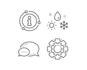 Weather line icon. Chat bubble, info sign elements. Winter snowflake sign. Sun and rain symbol. Linear weather outline icon. Information bubble. Vector