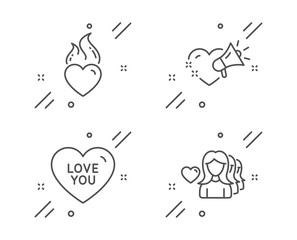 Love you, Love message and Heart flame line icons set. Sweetheart, Heart, Romantic people. Love set. Line love you outline icon. Vector