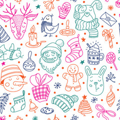 Seamless pattern with cute Christmas doodles - Santa, deer, snowman, dog and bunny, Xmas decorations, colorful vector illustration on white background. Christmas doodle seamless pattern design