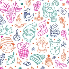 Rolgordijnen Seamless pattern with cute Christmas doodles - Santa, deer, snowman, dog and bunny, Xmas decorations, colorful vector illustration on white background. Christmas doodle seamless pattern design © big_and_serious