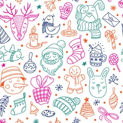 Gordijnen Naadloze herfst Seamless pattern with cute Christmas doodles - Santa, deer, snowman, dog and bunny, Xmas decorations, colorful vector illustration on white background. Christmas doodle seamless pattern design  © big_and_serious