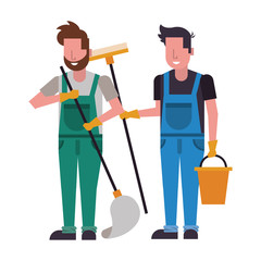 housekepping male workers with equipment characters