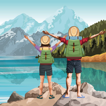 travelers couple with backpacks and hats with beautiful nature landscape with lake and mountains