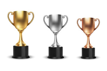 Vector Blank Golden, Silver and Bronze Champion Cup Set Closeup Isolated on White Background. Design Template of Championship Trophy. Sport Tournament Award, Winner Cup and Victory Concept