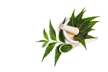 Medicinal Neem leaves in mortar and pestle with neem paste on white background