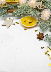 Christmas tree vertical holiday decoration on the table. Festive minimal eco background