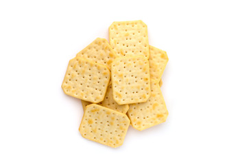 Crackers on a white background. Salty crackers close up on a white background.