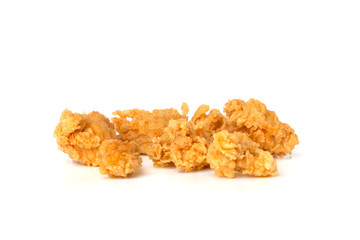 Slices of roasted meat on a white background. Fried chicken fillet close-up.