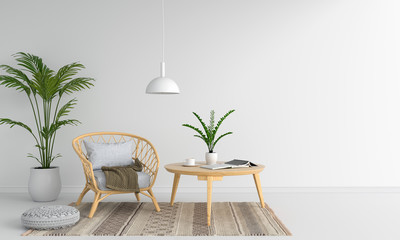 Weave wooden chair in white room for mockup, 3D rendering