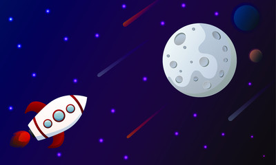 a beautiful rocket flies to the moon through stars and comets
