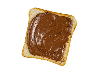 Slice of bread with delicious chocolate hazelnut spread isolated on white background