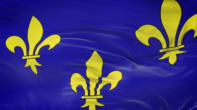 Ile-de-France (Region of France) flag waving in the wind with highly detailed fabric texture. Seamless loop