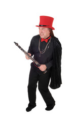 Musician man dancing with his clarinet