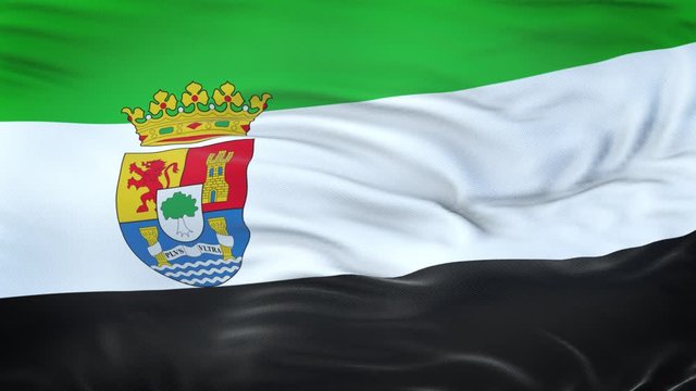 Extremadura (autonomous community in Spain) flag waving in the wind with highly detailed fabric texture. Seamless loop