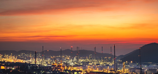 Panorama view oil and gas refinery industrial area with beautiful lighting at Twilight.