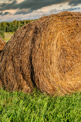 A large pile of hay on bright green grass against a stormy sky