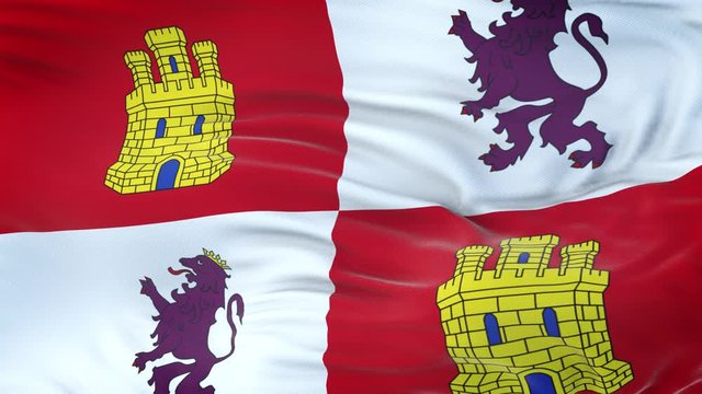 Castile and Leon (autonomous community in Spain) flag waving in the wind with highly detailed fabric texture. Seamless loop