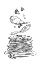 Pancakes and berries falling on the stack  - obrazy, fototapety, plakaty