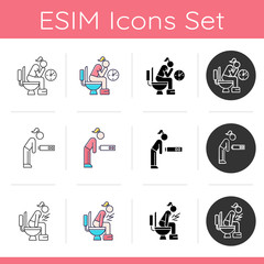 Predmenstrual syndrome icons set. Constipation and diarrhea. Fatigue and sleep deprivation. Overworked woman. Flat design, linear, black and color styles. Isolated vector illustrations